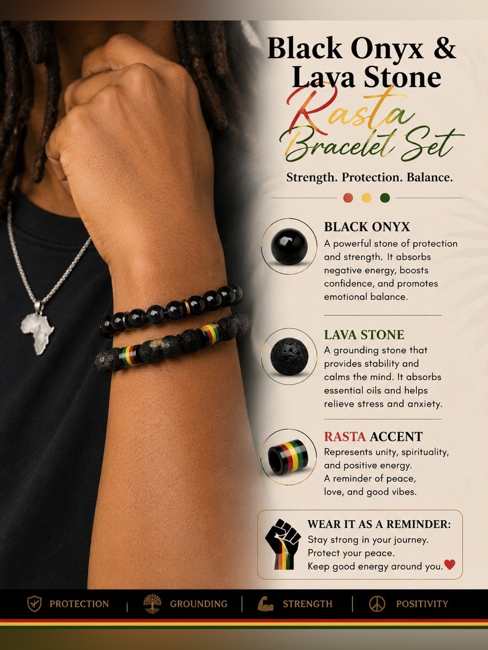 Black Onyx & Lava Stone Rasta Bracelet Set